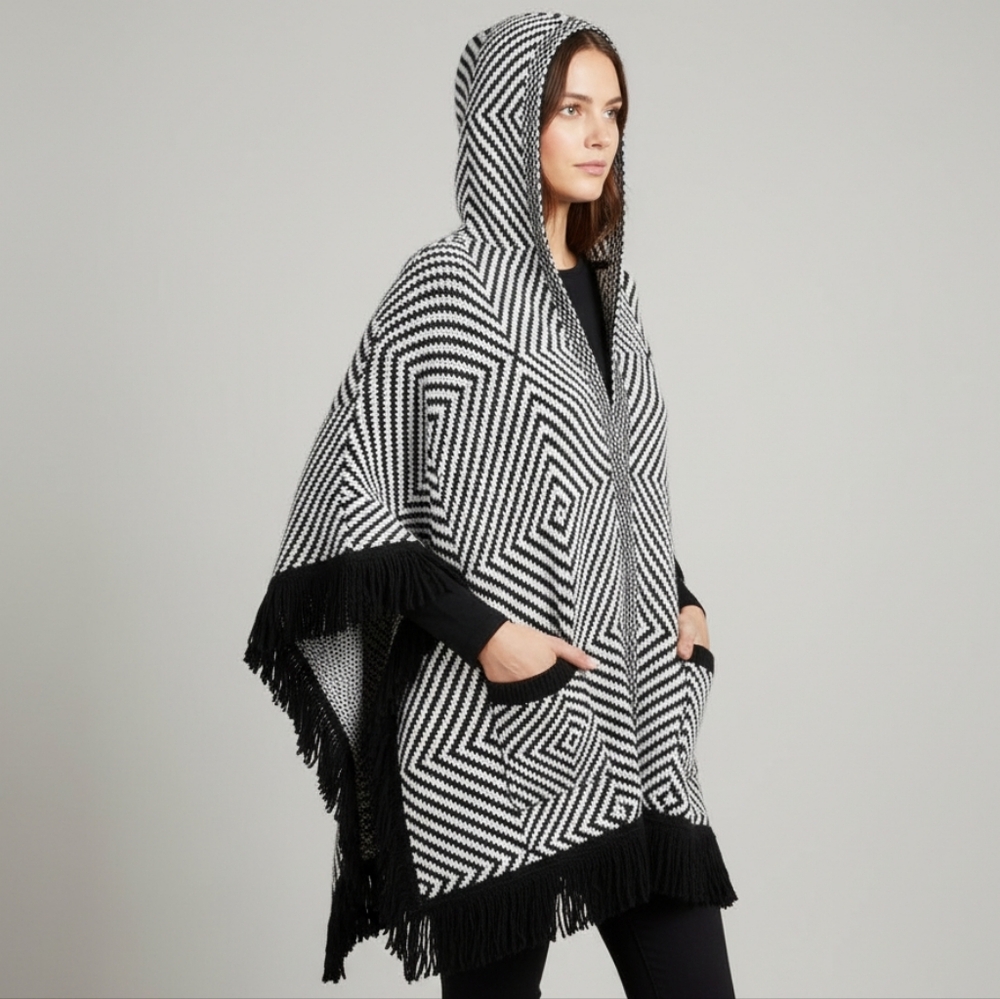 Closed x Anthropologie Fringe Knit Hood Poncho OS Navy White Boho Cozy Wrap Boho